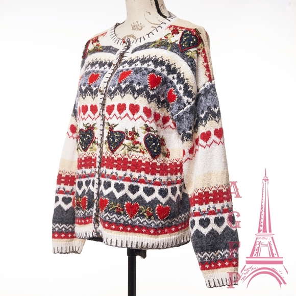 Heirloom Collectibles vintage hearts ugly Christmas chunky knit sweater cardigan - Picture 12 of 16
